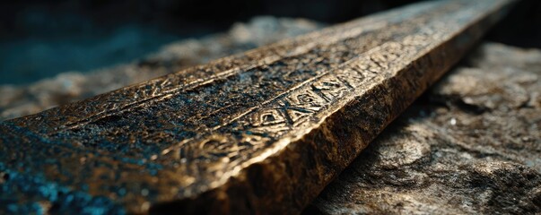 Rare blade with rustic bronze concept. Close-up of an ancient, intricately designed sword.
