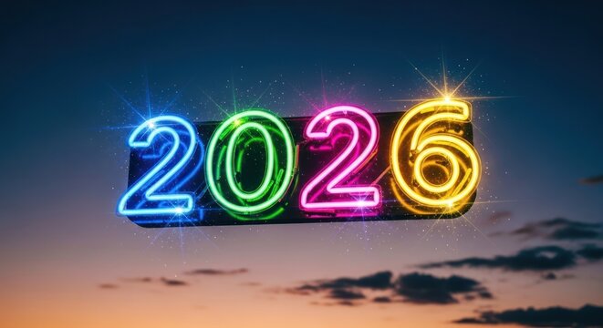 Neon 2026 floating in twilight sky