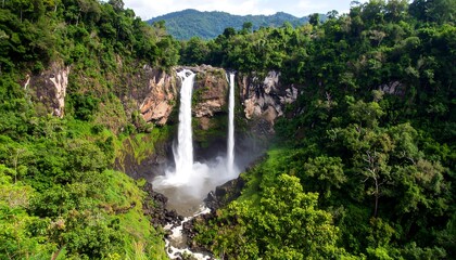 Majestic twin waterfalls cascading through a lush green rainforest landscape