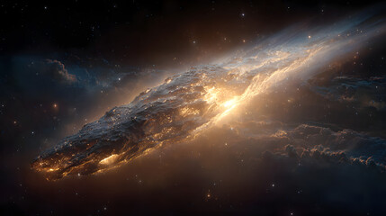 Interstellar Object. Golden meteor space rock glowing cosmic journey a