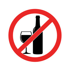 Alcohol prohibited sign depicting wine glass and bottle, no drinking allowed, sobriety symbol