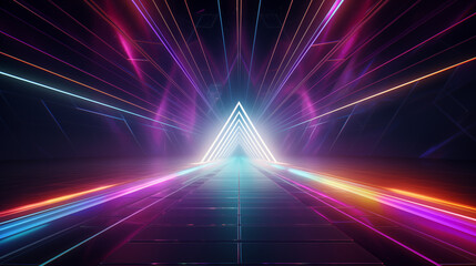 Future space tunnel with colorful neon on dark background