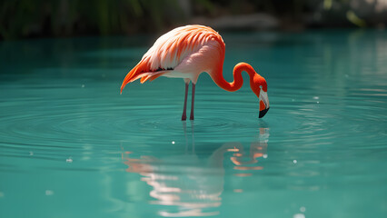 Elegant flamingo in turquoise waters. Ultra realistic flamingo reflections. Beautiful flamingo photography. Tropical bird art in crystal clear water.