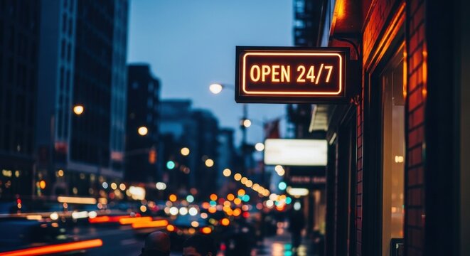 Neon "Open 24/7" sign on city street at night