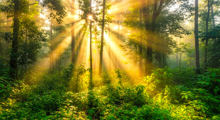sunbeams illuminating misty forest