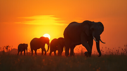 Elephants walking in single file. Family of elephants silhouette at sunset. Stunning wildlife photography. Ultra realistic sunset scenes with elephants.