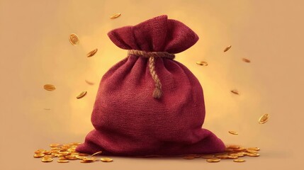 A red sack filled with gold coins, some of which are spilling out and floating, set against a warm, golden background.