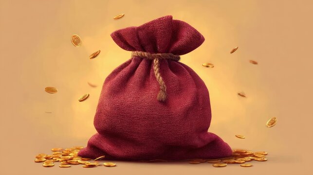 A red sack filled with gold coins, some of which are spilling out and floating, set against a warm, golden background.