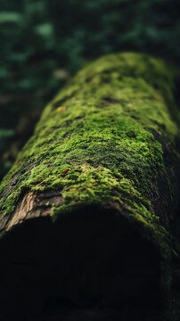 A close-up view of a moss-covered log nestled in a lush forest, showcasing the vibrant green hues and textures of nature, perfect for evoking a sense of tranquility and natural bea