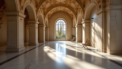 Obraz premium an interior view of a grand building with high ceilings and arched windows allowing natural light to filter in