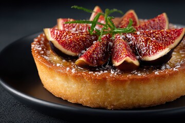 Close-up of a round tart with fresh figs and rosemary