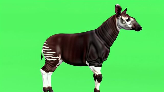 Okapi, African Forest Giraffe with Striped Legs, Isolated on a Vibrant Green Screen Background for Easy Compositing and Design Projects