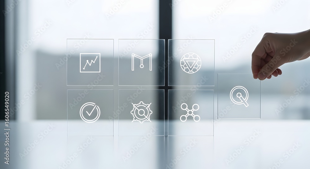Poster innovative business strategy concept with a hand selecting a target icon on a futuristic transparent