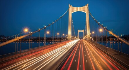 Fototapeta premium Night view of a suspension bridge with traffic trails