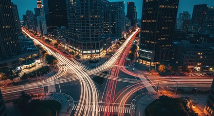 Night city intersection, illuminated by car trails