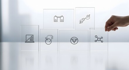 A person's hand arranging transparent panels with technology icons, conceptualizing a modern business strategy and digital workflow solution