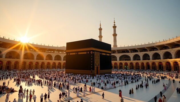 an aerial view of the great mosque of mecca, known as masjid al haram, during a time when the sun is shining directly on it, creating a bright atmosphere