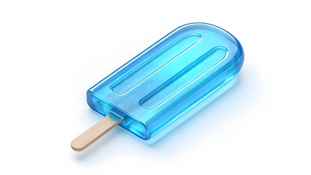 3D glassy blue popsicle icon isolated on white background, modern glossy holographic frozen dessert illustration