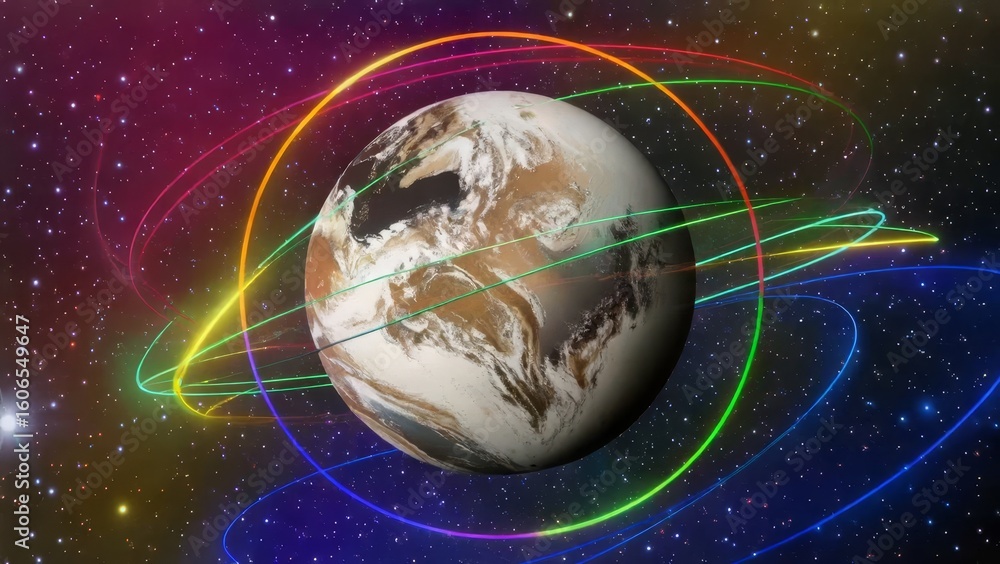 Poster this stunning 3d rendering of earth showcases the planet surrounded by colorful orbital paths agains
