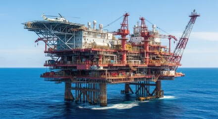 Offshore oil rig, large, floating, on blue water