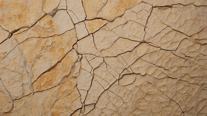Cream beige cracked stone texture background features warm yellow light softly illuminating the uneven surface, creating a natural, rustic ambiance ideal for design projects, architectural visuals, or