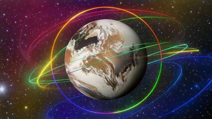 This stunning 3D rendering of Earth showcases the planet surrounded by colorful orbital paths against a cosmic backdrop. The image is vibrant and captivating, perfect for space enthusiasts. 4K.