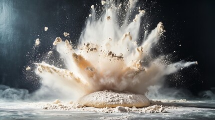 A dynamic splash of flour bursts into the air, creating an artistic display of texture and motion. This culinary action captures the essence of baking and kitchen creativity.
