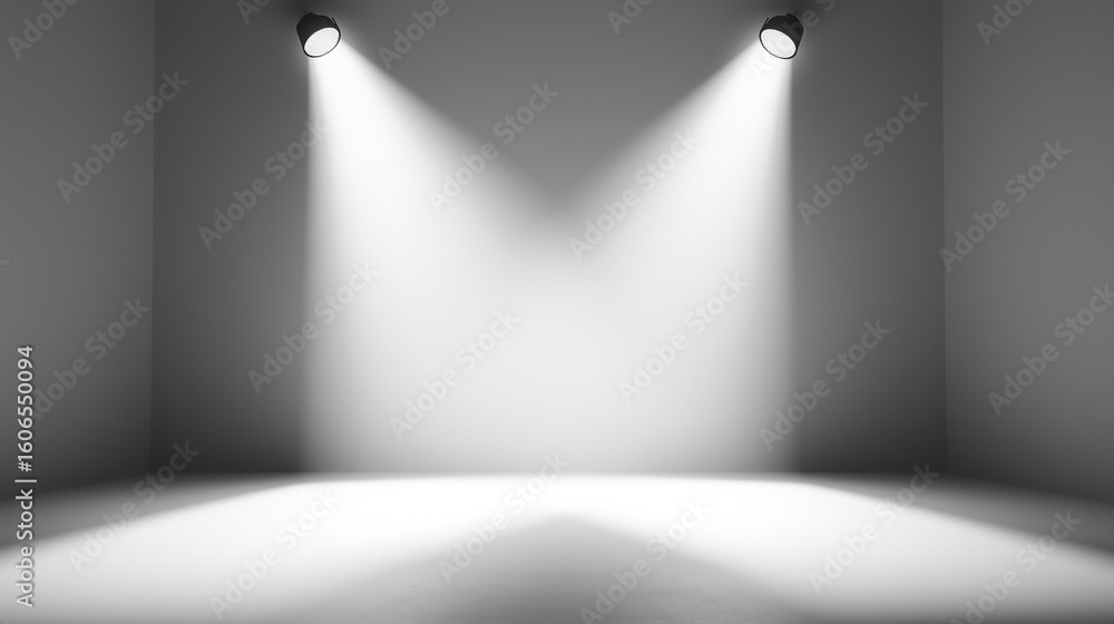 Poster a minimalistic scene showcasing two focused light beams illuminating a smooth, empty floor and wall