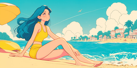 懐かしい色彩で描かれたアニメ風の海辺の風景に、はしゃぐ女性が登場するレトロイラスト｜昭和感・80年代・ビーチ・水しぶき・海と空・笑顔・サマーアイコンとして使える素材
