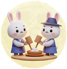 Chuseok Moon Rabbit Illustration | Cute Rabbits Making Rice Cake on the Moon