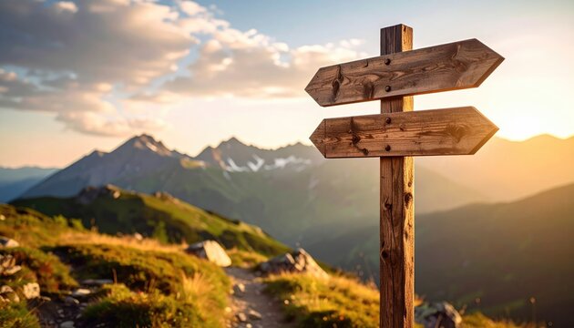 Wooden signpost in alpine landscape at sunset