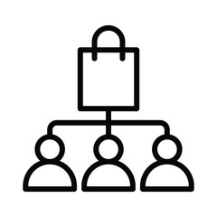 A shopping bag is connected by lines to three generic human figures