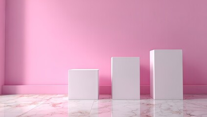 Three white cube display pedestals against a pink wall.