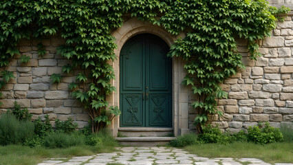 ivy-covered stone wall. heritage building architecture. ultra-realistic wall design. historical building restoration