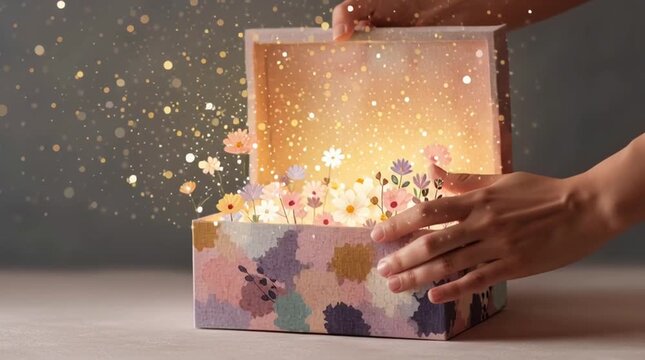 A beautifully designed floral gift box is opened, releasing enchanting sparkles and flowers into the air. This image captures the magic of giving and the beauty of surprise.