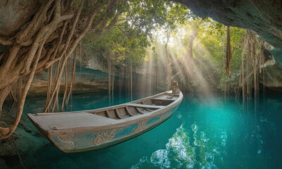 Boat floats in turquoise cenote cave, sunbeams through tree roots above