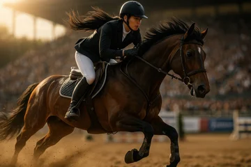 Zelfklevend Fotobehang Female equestrian galloping on horse during competition in arena. Concept of equestrian sport, female athleticism, strength, control, showjumping events, competition branding. © OlenaSpark