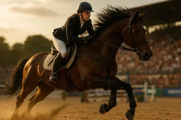 Zelfklevend Fotobehang Female equestrian galloping on horse during competition in arena. Concept of equestrian sport, female athleticism, strength, control, showjumping events, competition branding. © OlenaSpark