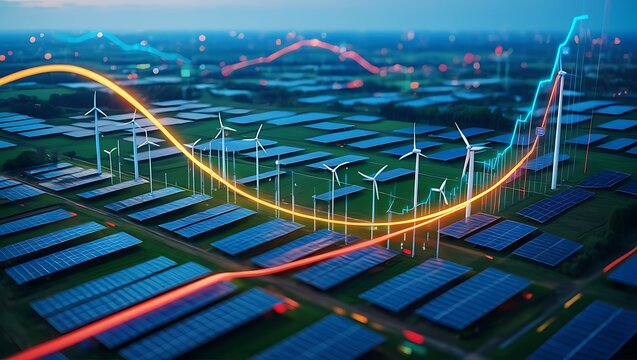 Renewable Energy Investment Growth: Solar Panels and Wind Turbines Field with Dynamic Financial Stock Market Chart Overlay