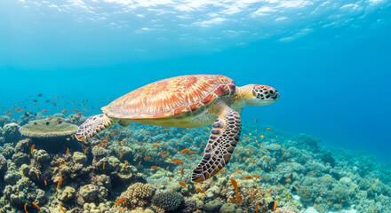 hawksbill sea turtle swimming in coral reef