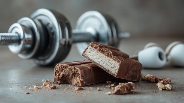 Chocolate protein bar broken in half with dumbbell and headphones nearby for fitness enthusiasts