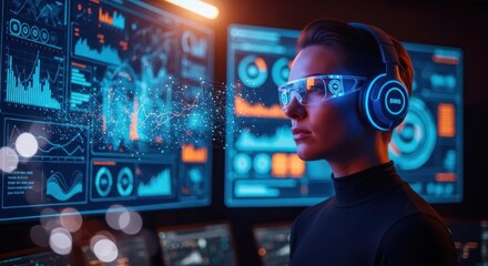 Person in VR headset, data screens, futuristic