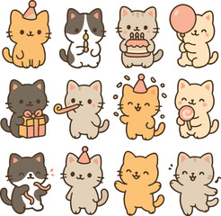 A collection of 15 adorable cartoon cat icons in kawaii style. Perfect for stickers, children's products, mobile apps, or cute animal-themed prints. Clean vector design suitable for commercial use.