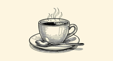 Coffee beans art sketch black vector of steaming coffee cup on saucer in hand drawn vintage engraving style