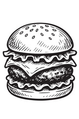 A vector illustration of a delicious burger in black and white, featuring bold black outlines that highlight each layer in a clean graphic style.