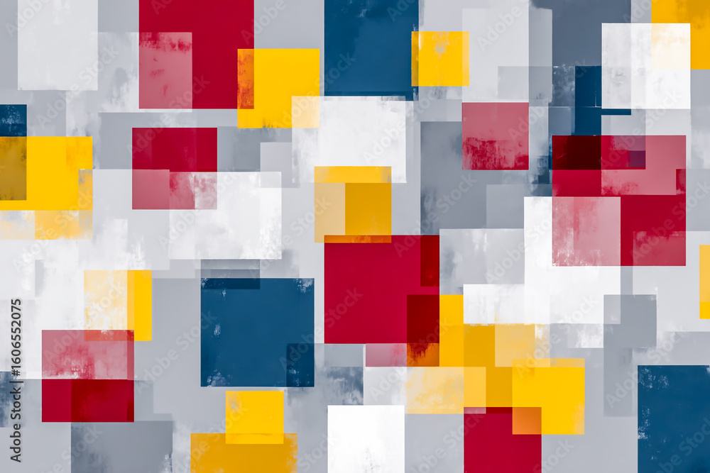 Poster modern abstract geometric pattern design with overlapping squares in shades of red blue yellow and g