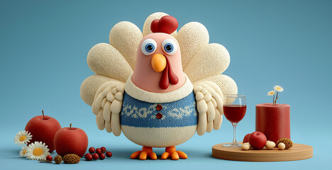 Fototapeta premium Cozy Thanksgiving 3d Turkey in Sweater with Autumn Decorations and Red Wine