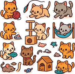 A collection of 15 adorable cartoon cat icons in kawaii style. Perfect for stickers, children's products, mobile apps, or cute animal-themed prints. Clean vector design suitable for commercial use.