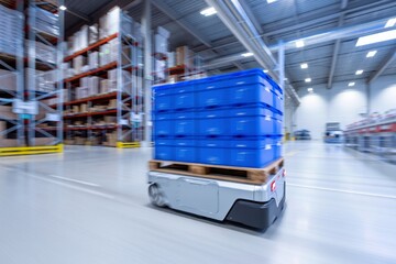 Automated warehouse logistics. An autonomous mobile robot (AMR) transports a stack of blue plastic crates through a modern distribution center.