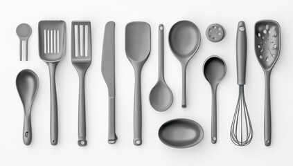 Modern Kitchen Utensil Set Gray Toned Culinary Tools and Accessories for Cooking and Baking Enthusiasts a Comprehensive Collection for Home Chefs